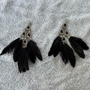 Black Feather Chandelier Earrings Silver Tone Rhinestone Boho Gothic Statement